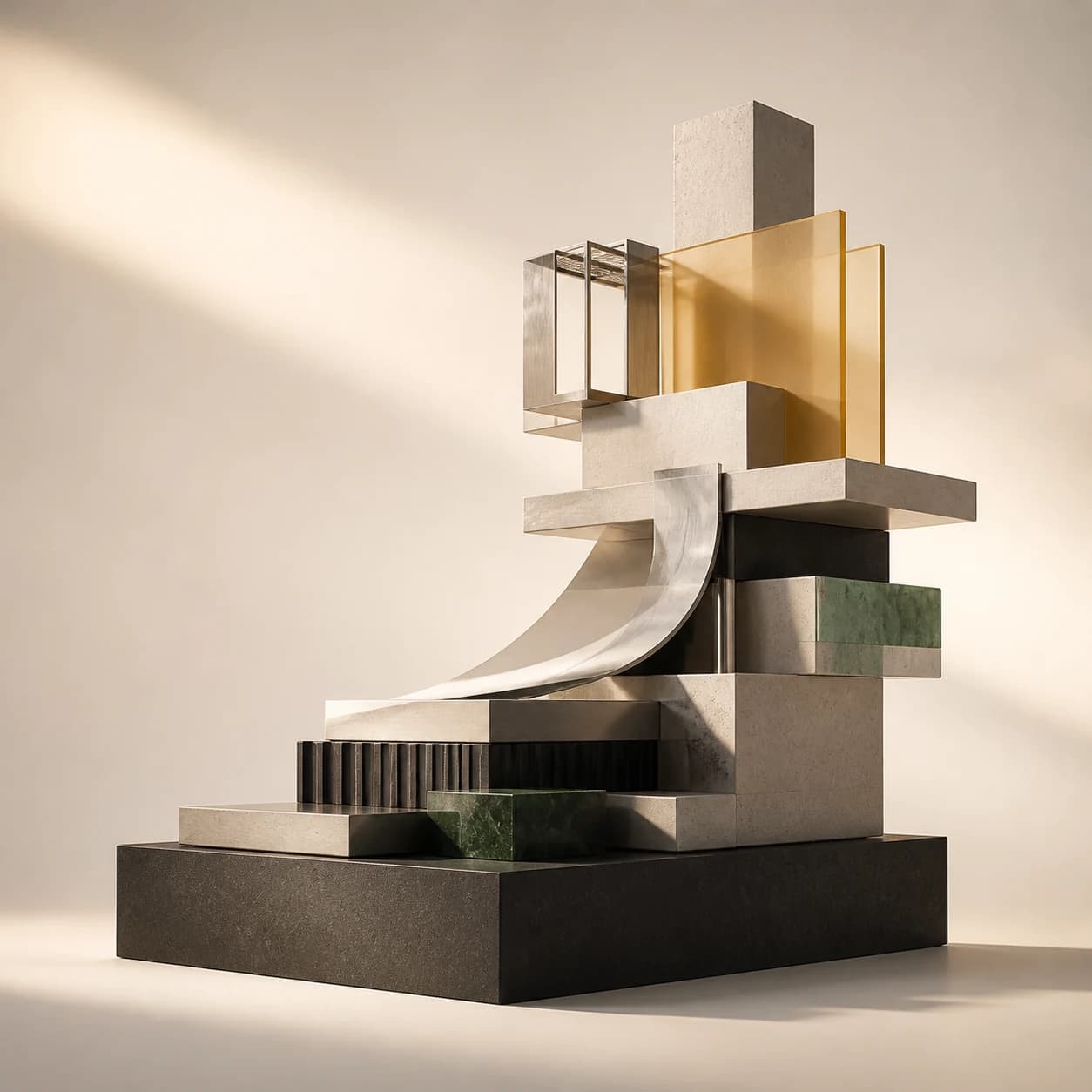 An architectural sculpture of interlocking forms rising from a dark foundation, representing Balqad's expansion across industries