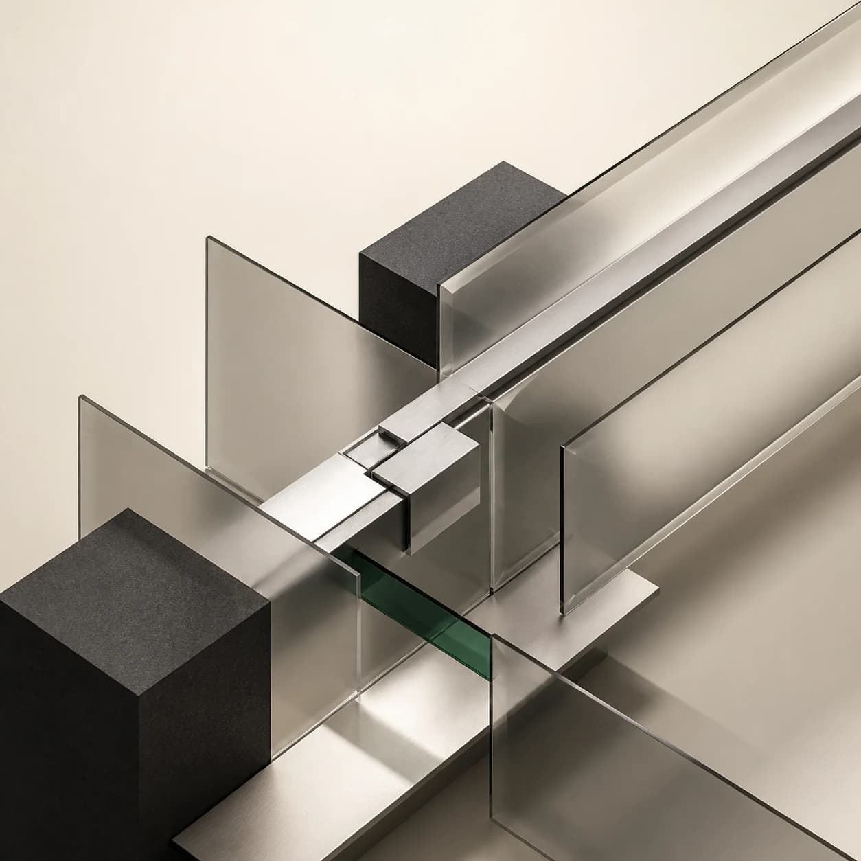 A precise system of glass and metal forms representing Balqad's active digital division