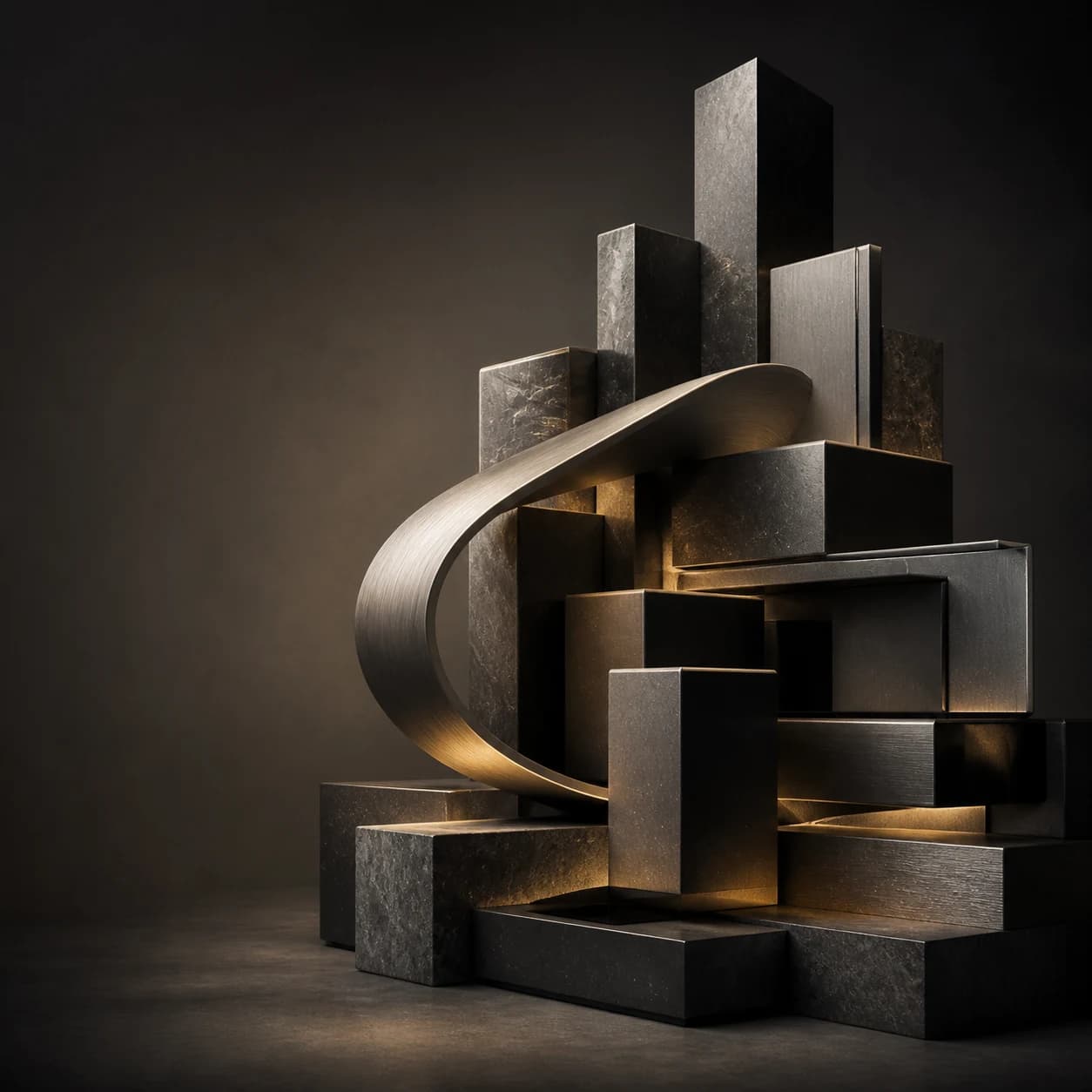 Interlocking dark architectural forms representing Balqad's connected group of businesses
