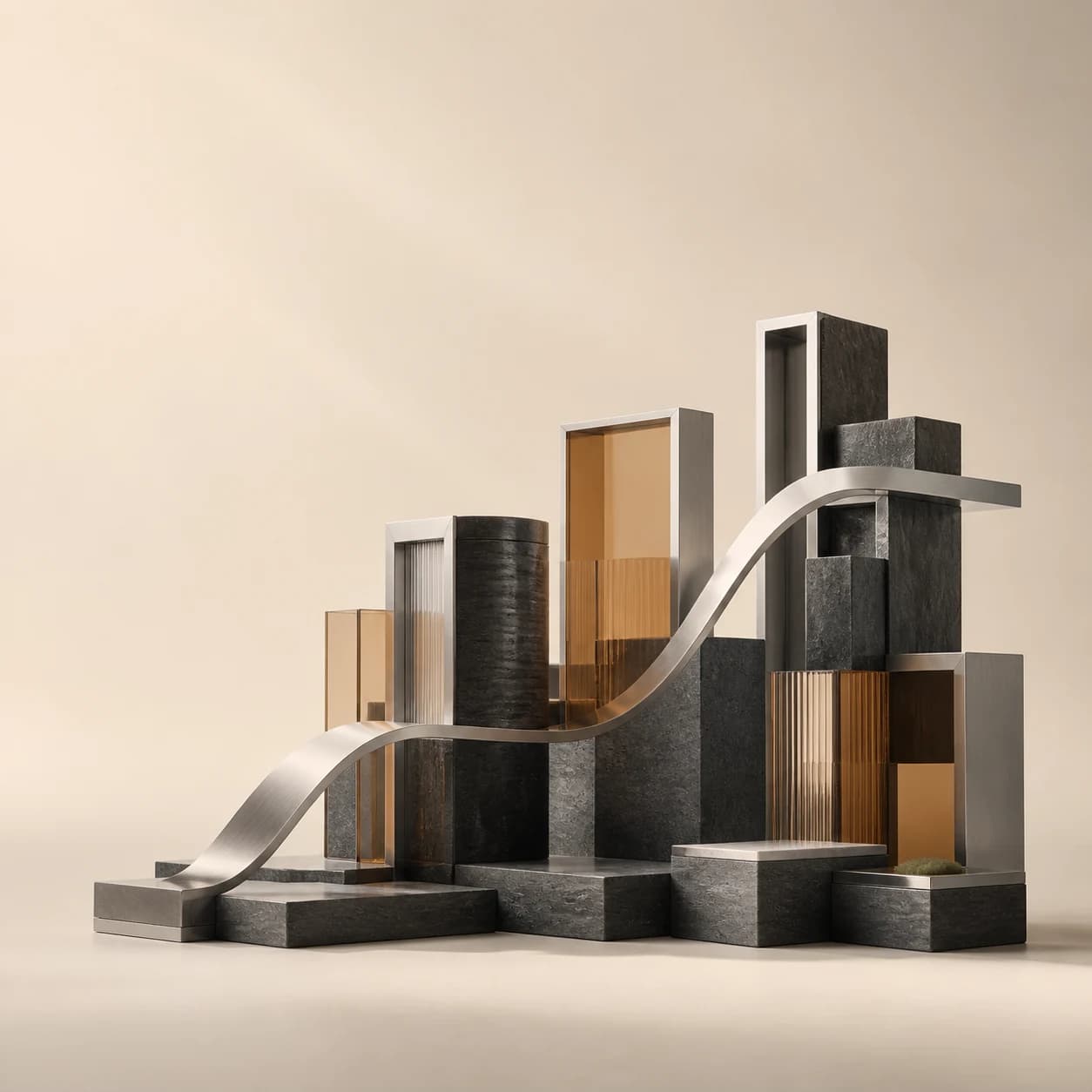 A connected architectural system of stone, metal and glass forms representing Balqad's expanding group of businesses