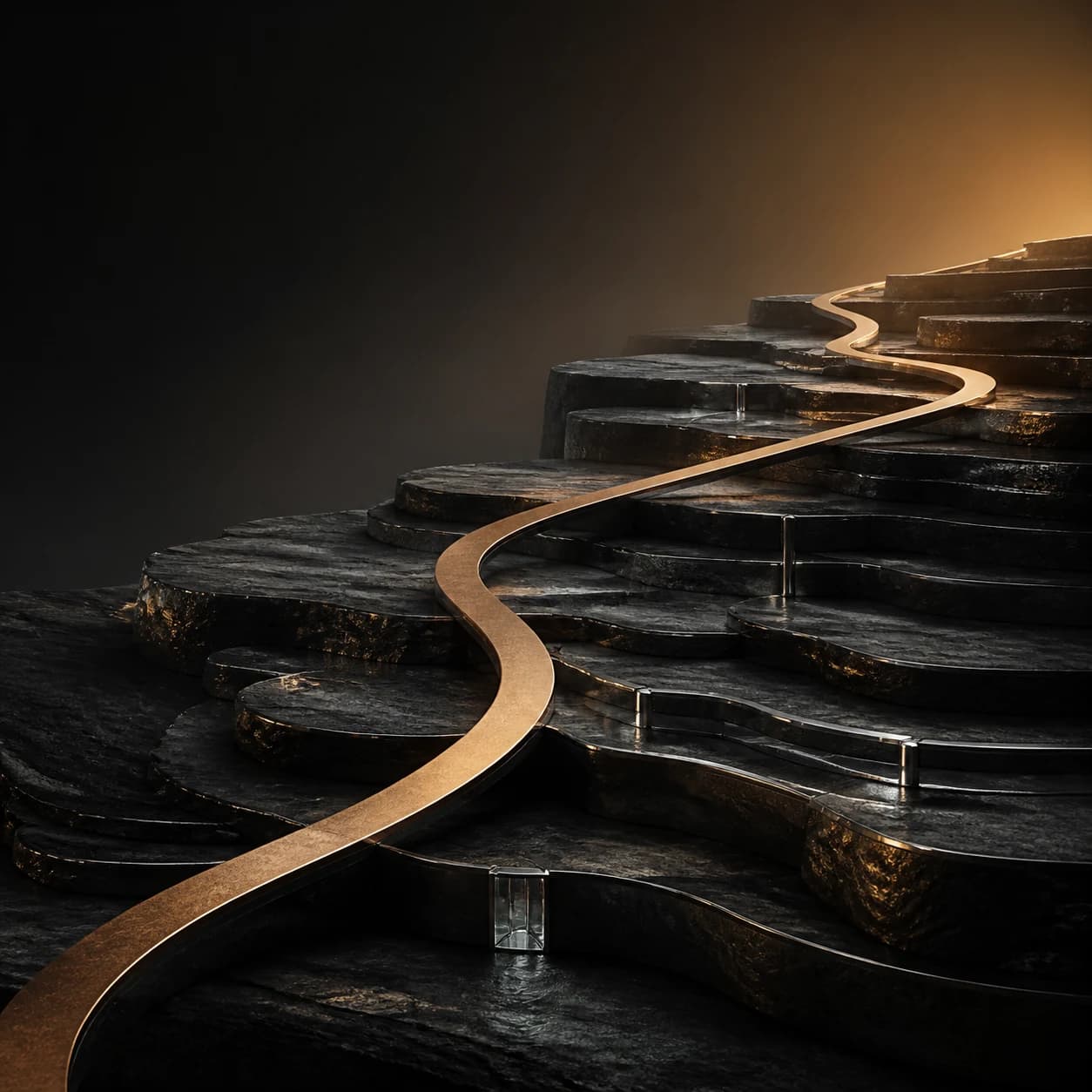 A warm metal path rising across layered dark stone, representing Balqad's long-term approach to growth